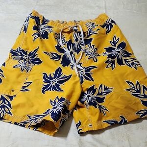 Men's Yellow Floral Swim Shorts with Navy Print